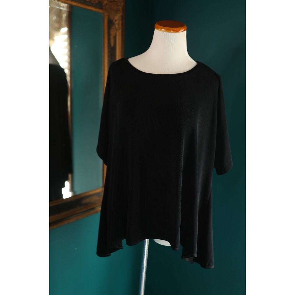 Travelers Chico's Black Asymmetrical Slinky Blouse Short Sleeve Grunge Goth Cozy